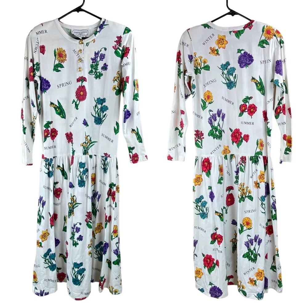 Vintage 80’s Womens Botanical Floral Drop Waist Midi Dress Size S Cottagecore
